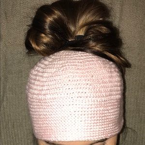 Hand crafted “messy bun” hat